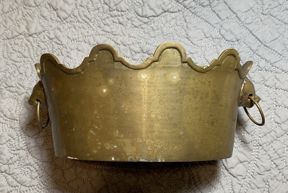 Vintage Solid Brass Planter Cachepot Lion Head Ring Crown Shape #F2