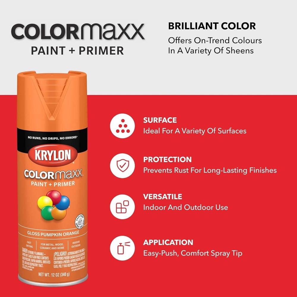 Rust Resistant 12oz Gloss Spray Paint & Primer - Pumpkin Orange for DIY Projects