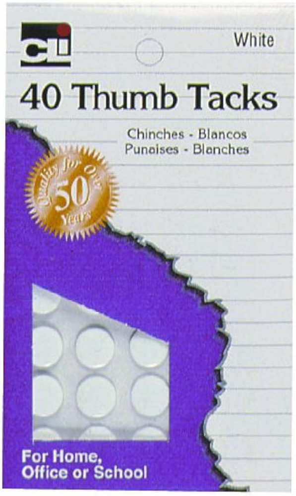 Thumb Tacks, On Safety Cards, Painted White, 40-Pack ()