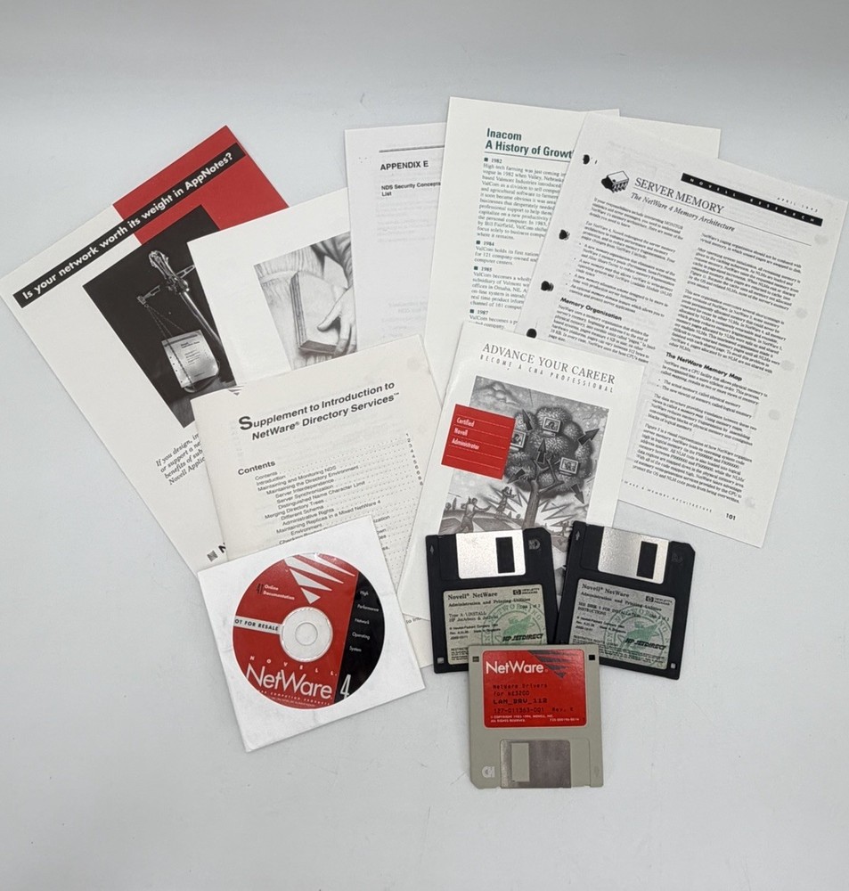 NOVELL Netware 4 CDs Client Software Operating System Online Floppy Discs Lot