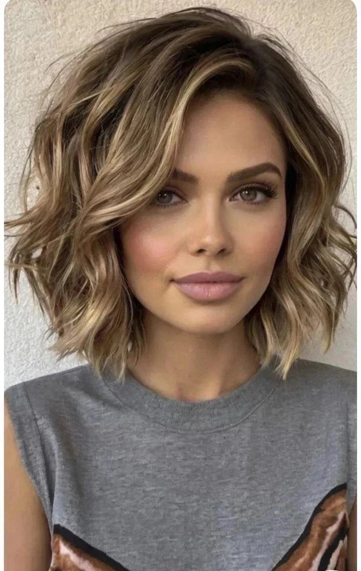 Human Hair Fashion Charming Women's Short Brown Mix Blond Wavy Wigs 12 In
