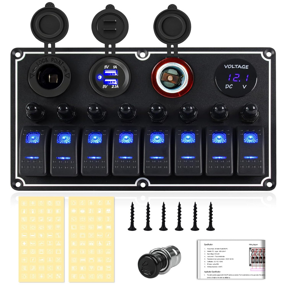 Marine Switch Panel Waterproof,8 Gang Boat Rocker Switch Panel,Multi-Function To
