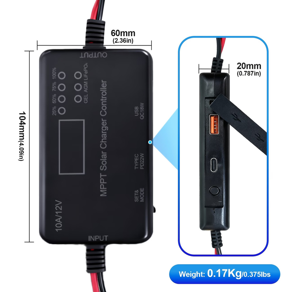 12V 10A MPPT Solar Charge Controller Type-C & USB Output for Solar Panel Battery
