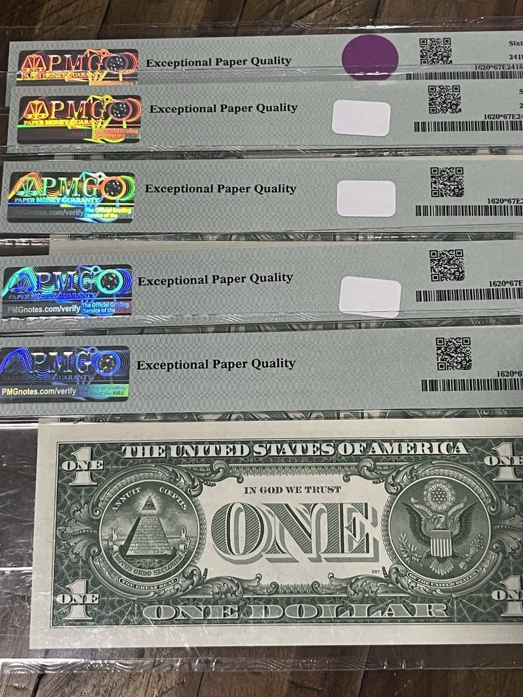 1957 A $1 Silver Certificates PMG 67 EPQ Sequential 5 Graded Notes