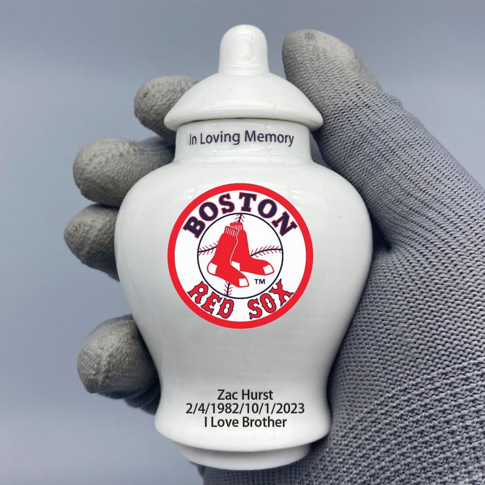 Ceramic Mini Urn for Boston Red Sox Baseball Theme, Custom Text & Number