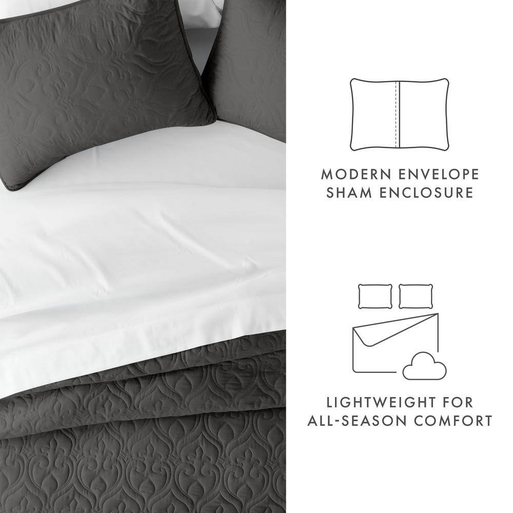 Damask Gray Microfiber Twin Performance Quilted Coverlet Set