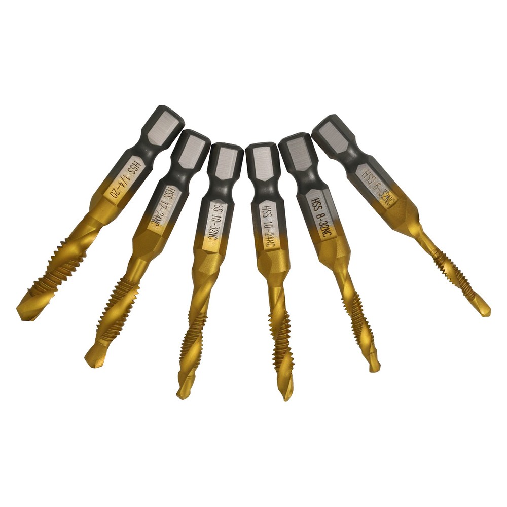 6Pcs SAE Drill Tap Set 3-in-1 HSS 4341 Titanium Drilling Tapping Deburring Tool