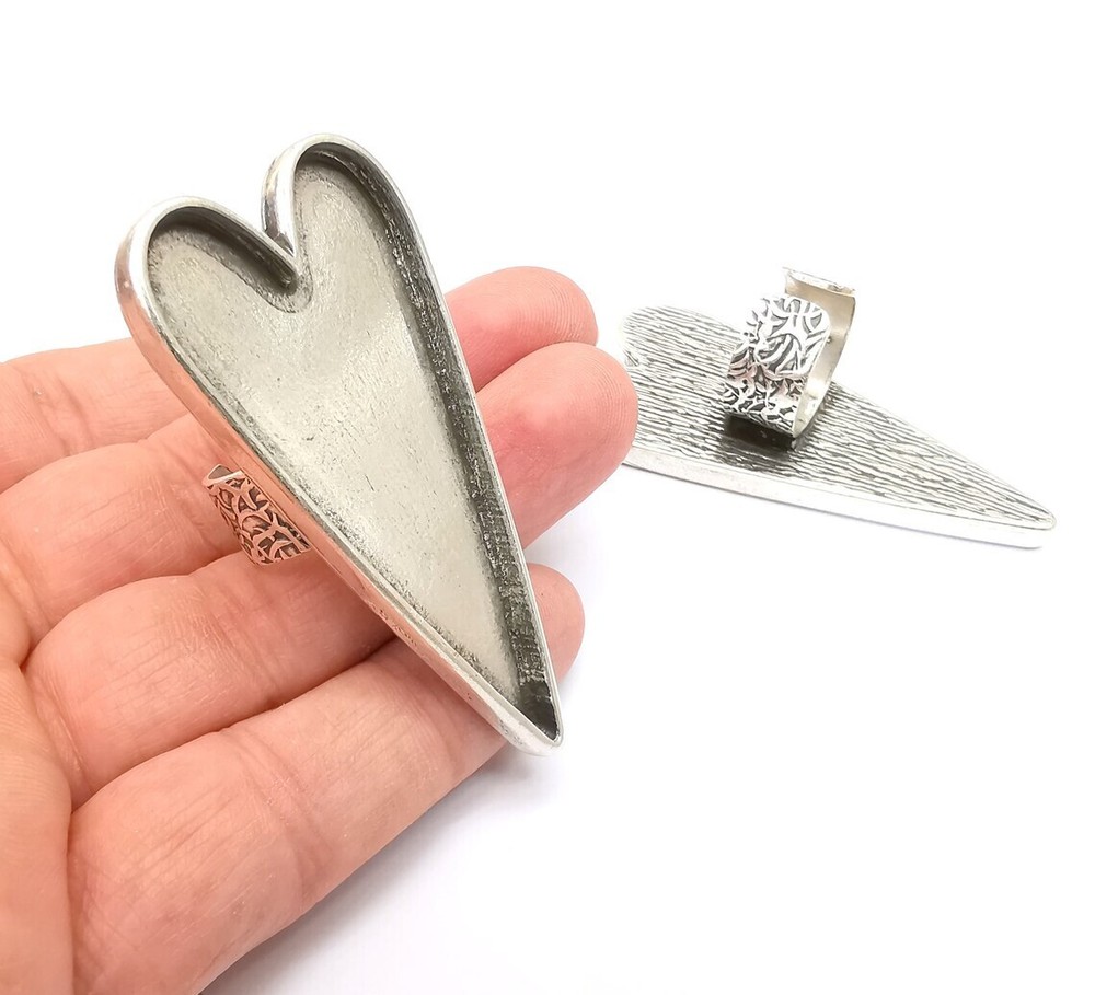 Large Heart Ring Blank Settings, Cabochon Mounting, Adjustable Antique Silver