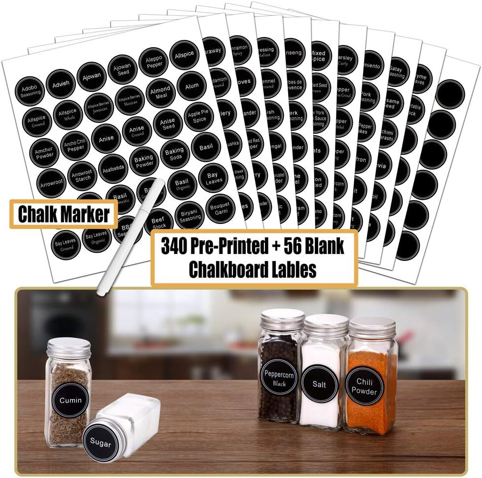 Spice Rack Organizer with 18 Empty Square Jars 396 Labels Chalk Marker