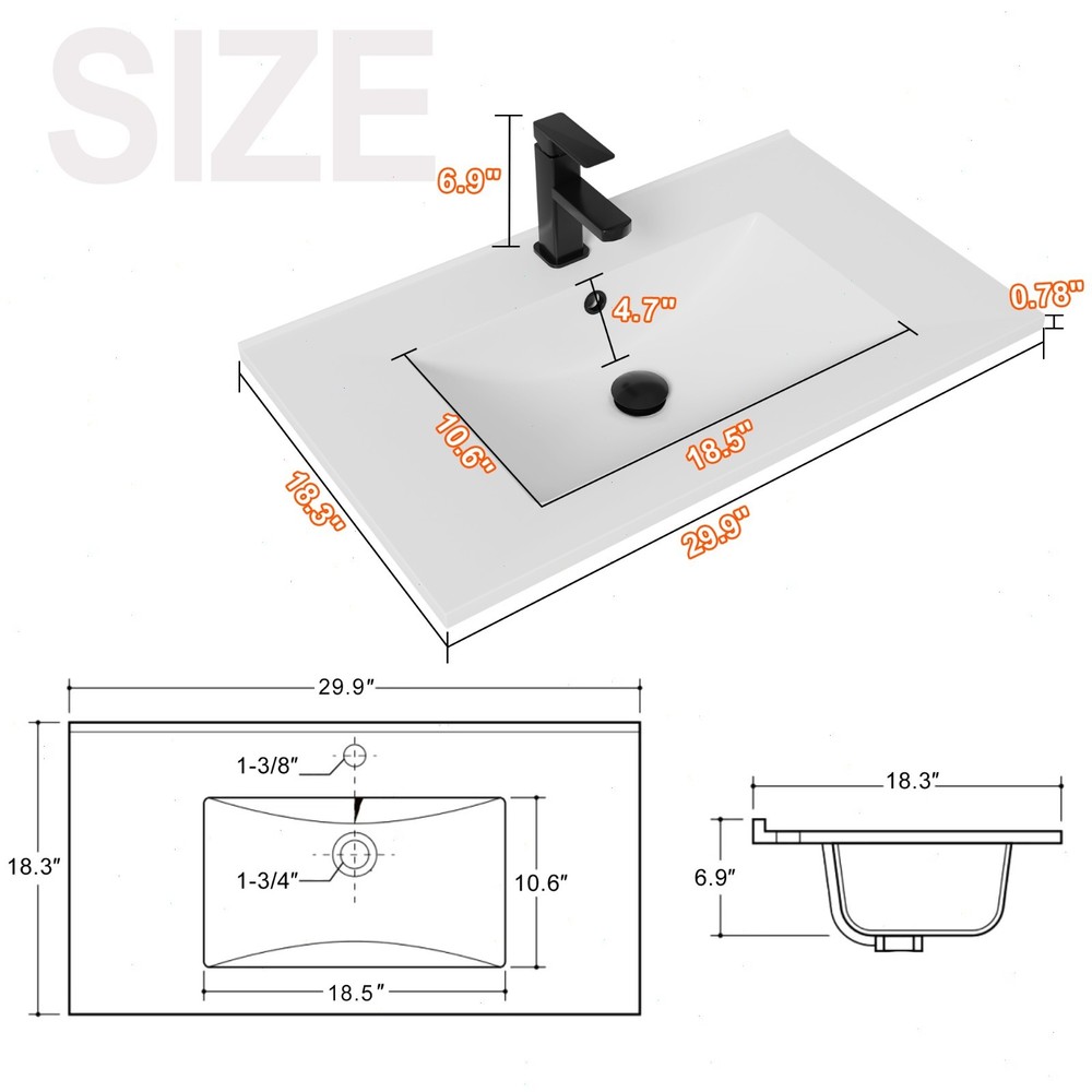 30" Single Sink Vanity Top Undermount Bathroom Sink