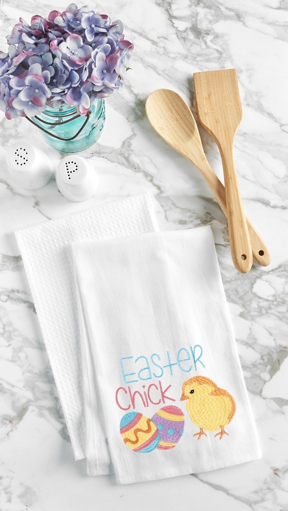 "Easter Chick" w/ Spring Eggs Flour Sack Embroidered Flour Sack Kitchen