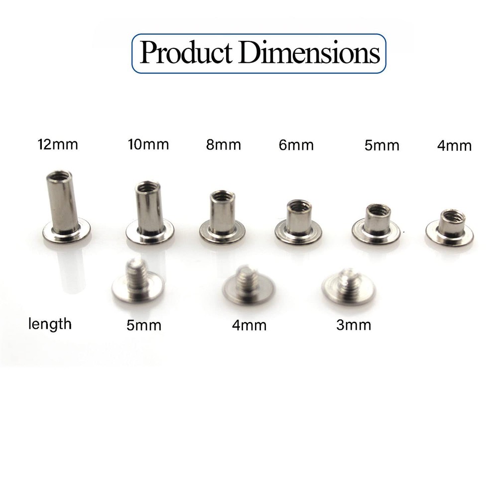 90 Sets Chicago Screws Leather Rivets Assorted Kit M5 6 Sizes Silver