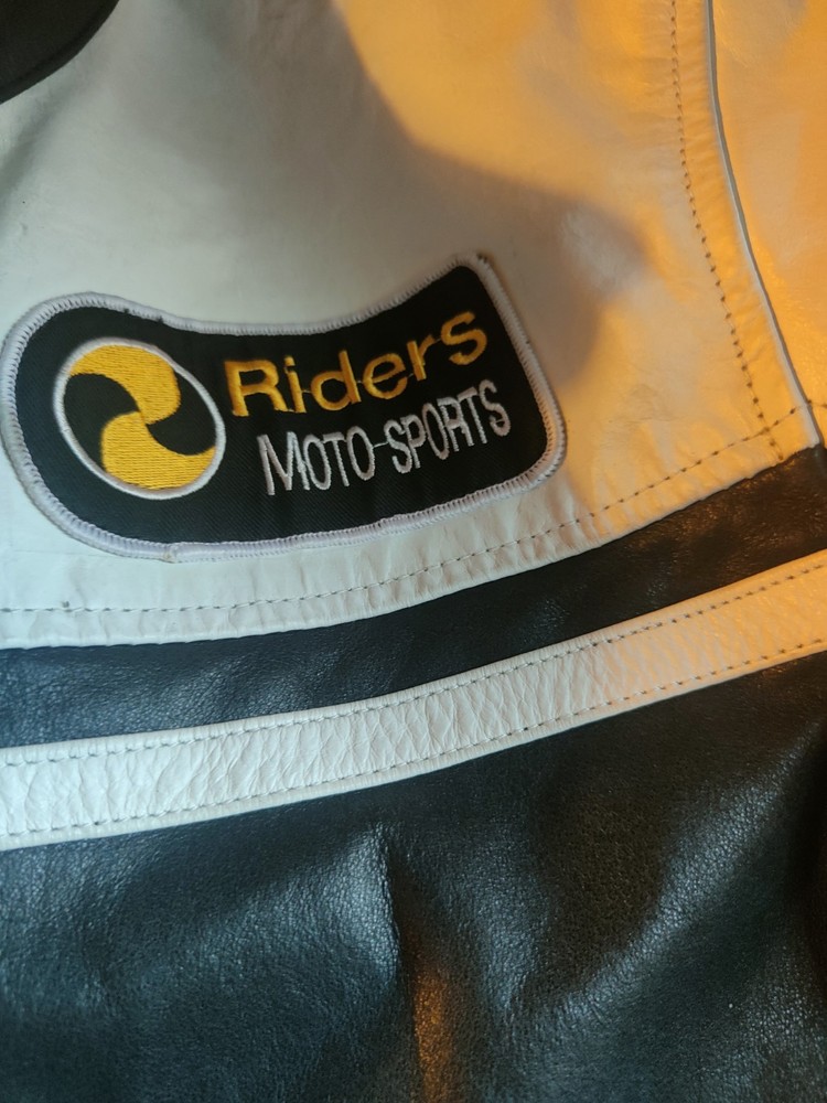 Jacket Mens Medium Leather Black White Biker Motorcycle