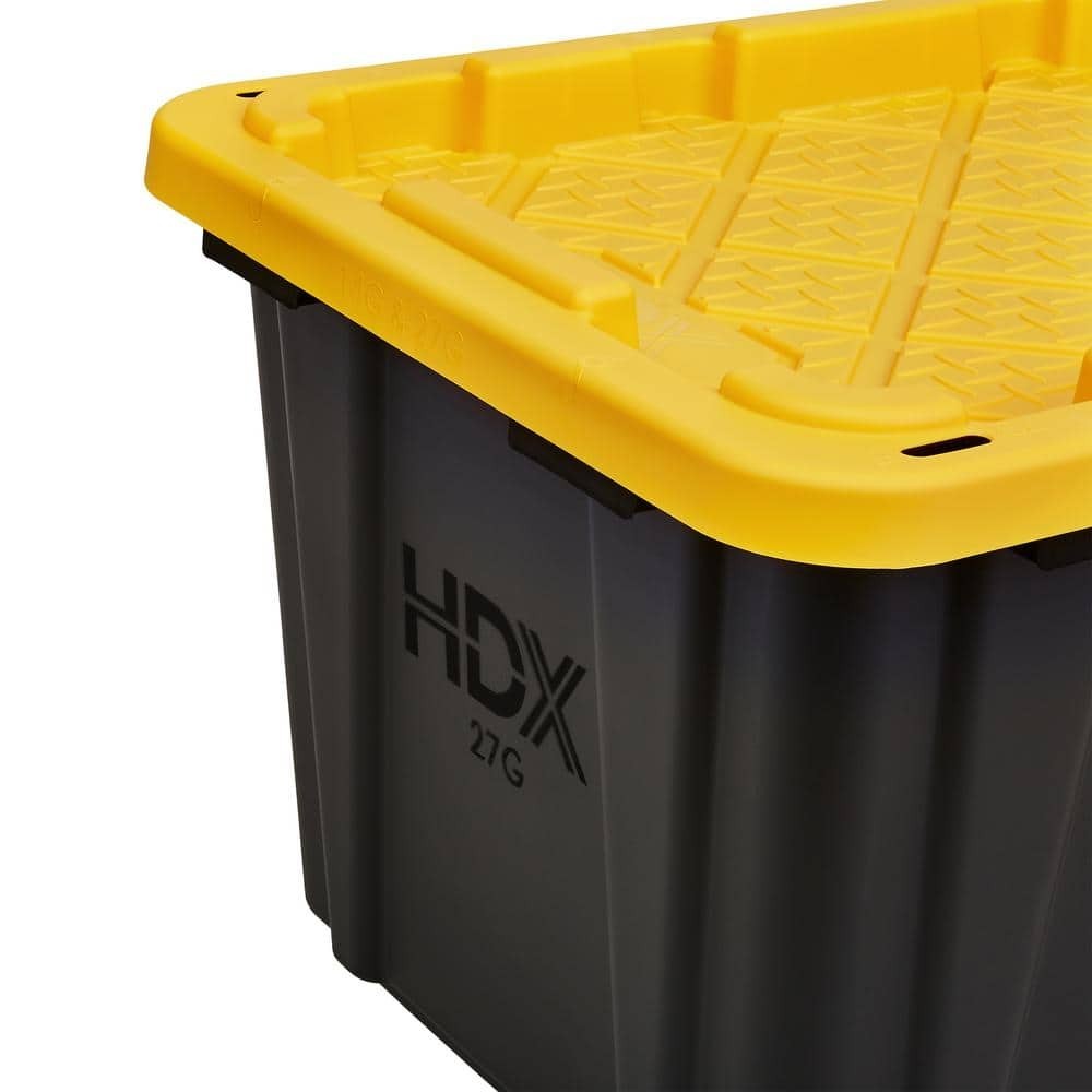 HDX 27 Gal. Tough Storage Tote 4 Pack Black Yellow Lid New