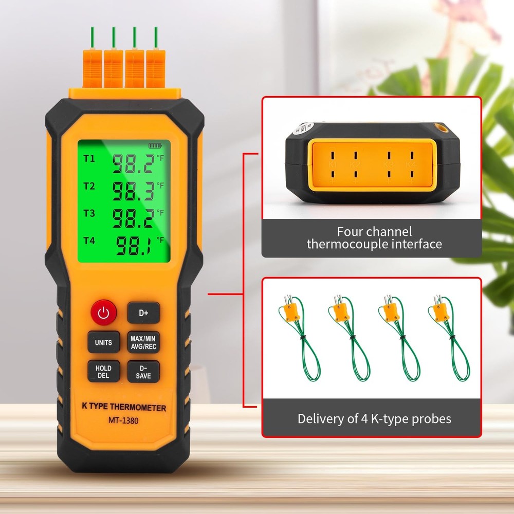 4-Channel K-Type Temperature Thermometer with LCD Backlight Measurement Range...