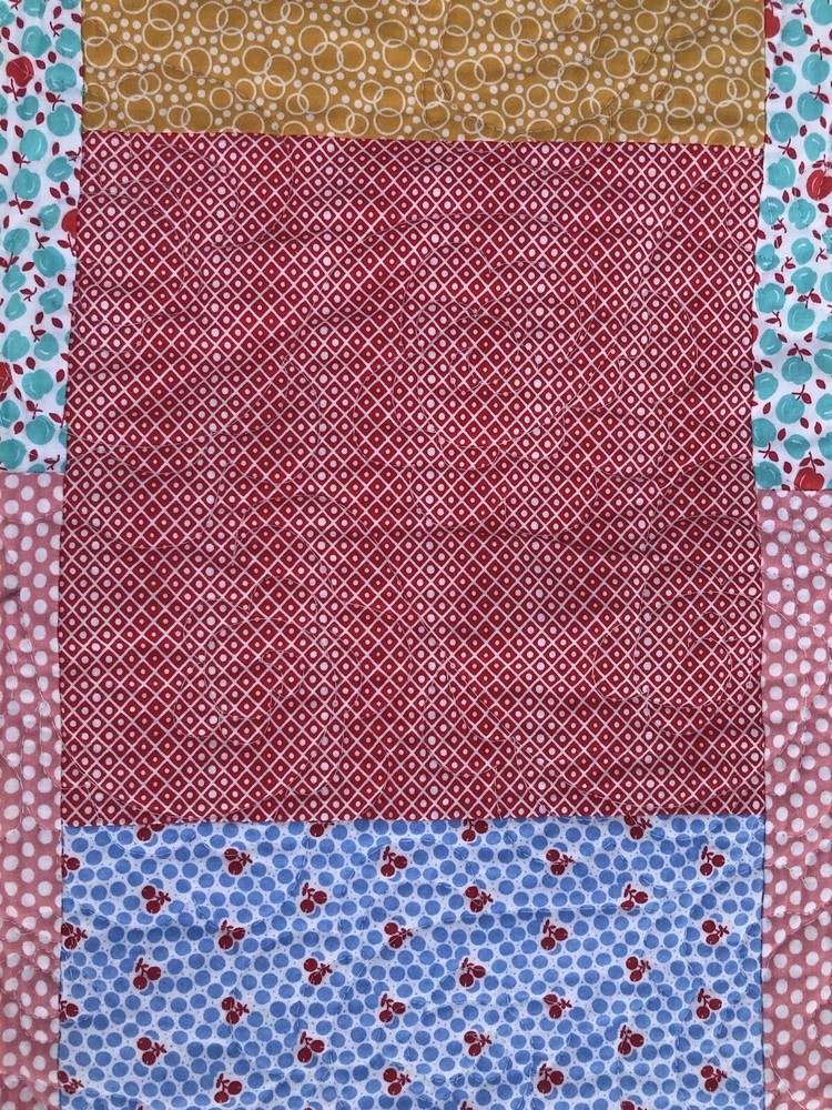 Quilt Lap Size Rainbow Batik And Retro Fabric Patchwork Finished 46” X 62” EUC