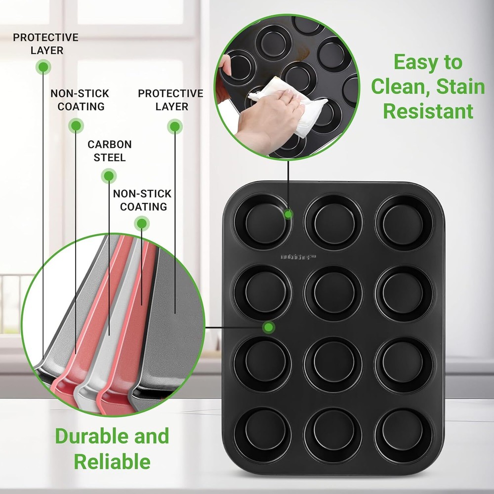 NutriChef NC2TRCP4 Muffin Pans for Baking 2-Pack - Black