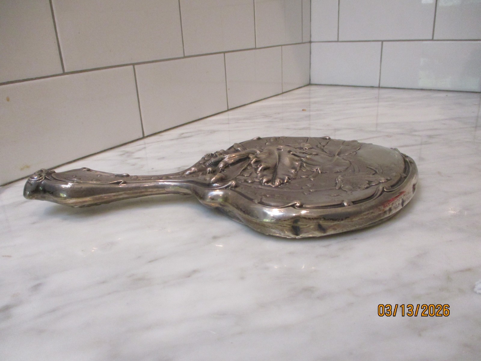 Antique Art Nouveau Sterling Silver Hand Mirror Embossed Flowers & Butterfly