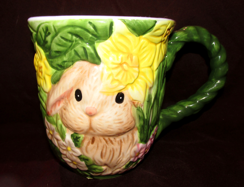 Cracker Barrel Easter Treasures Embossed Ceramic Mug Bunny Rabbit Spring Flowers