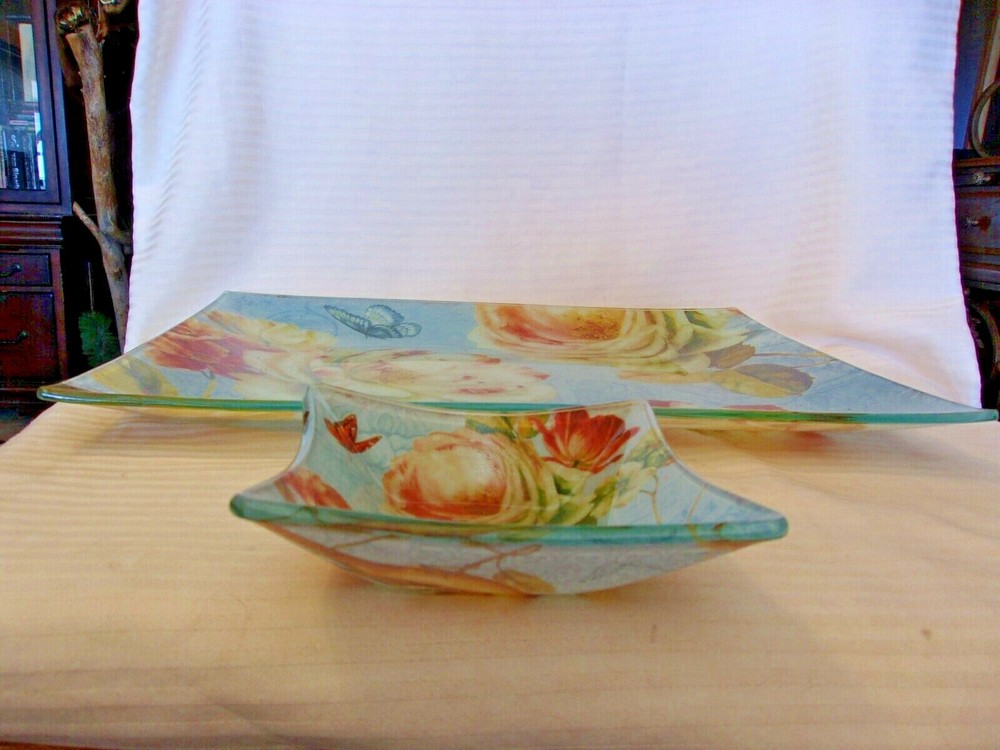 Rectangular Glass Platter and Dip Bowl Floral Pattern by Lisa Audit