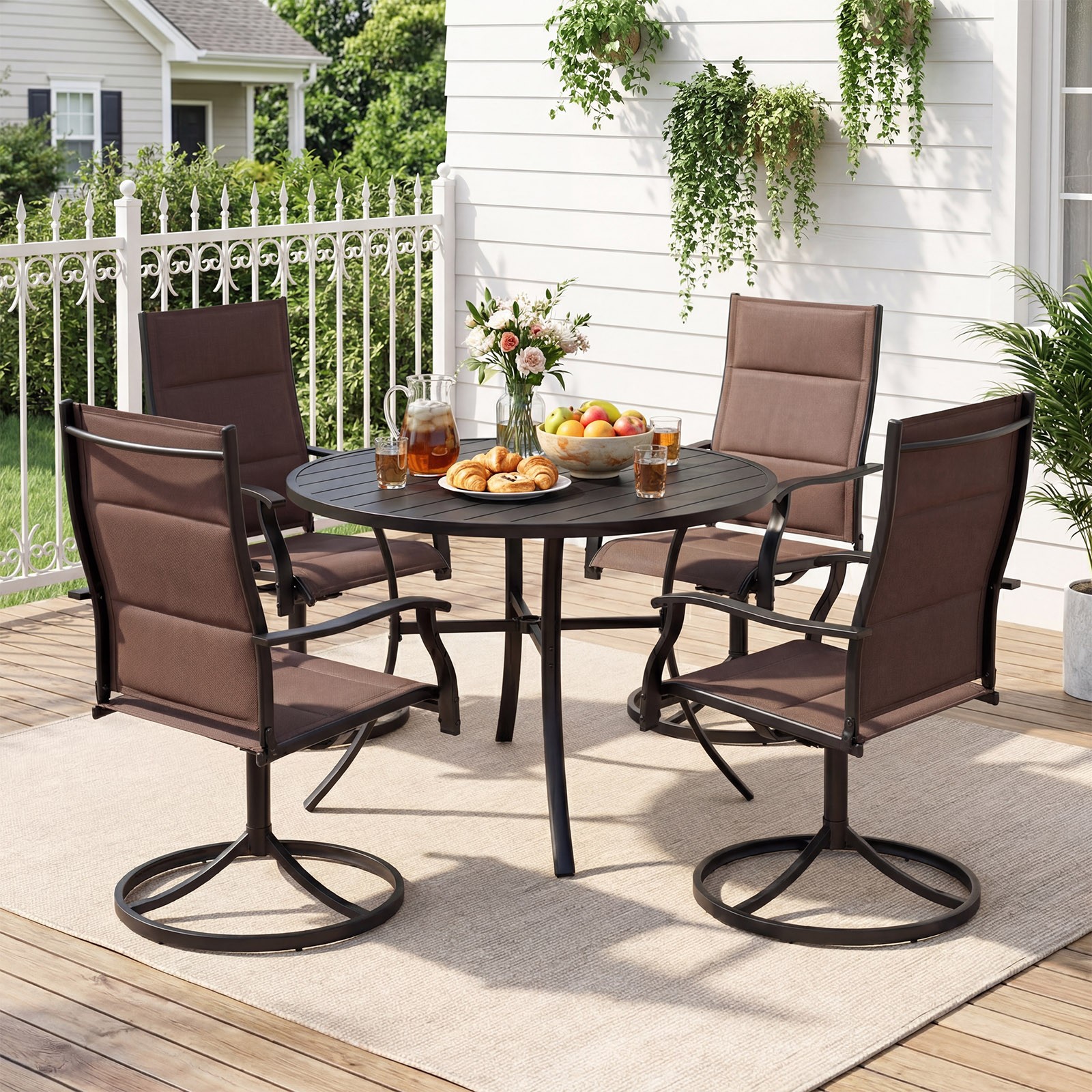 Patio Dining Table, 42.5" Round Metal Slat Table with Umbrella Hole, Outdoor