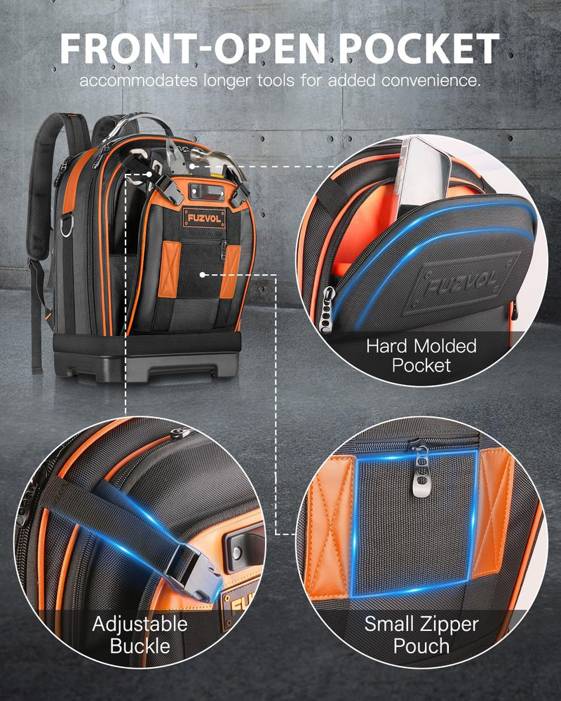 Heavy Duty Tool Backpack with Removable Organizer & Laptop Compartment, Orange