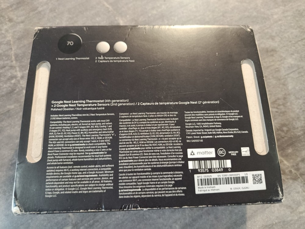 OPEN BOX Google Nest Learning Thermostat 4th Gen w/ Temperature 3 Sensor- BLACK