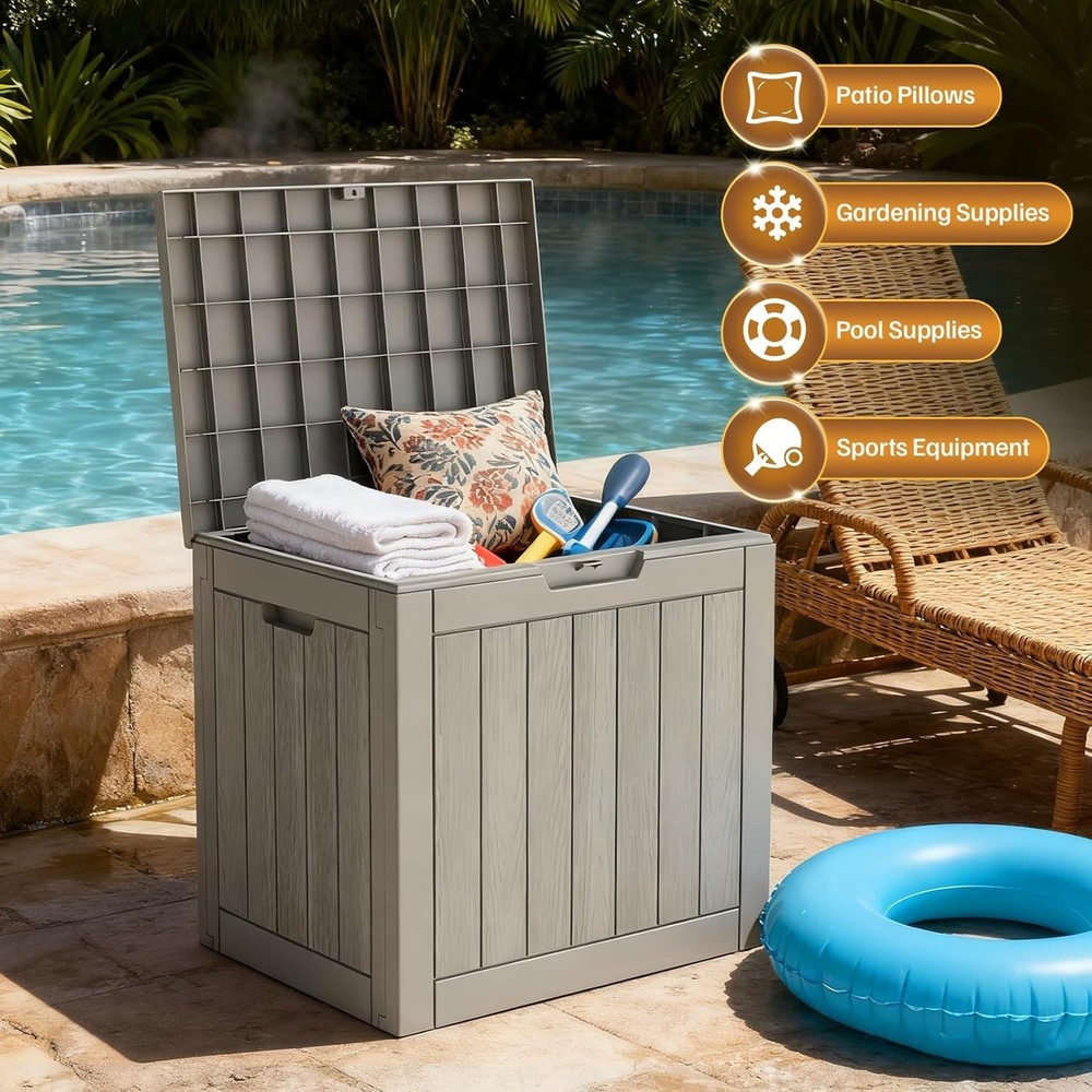 Topetory 25 Gallon Waterproof Deck Box Lockable Resin Storage Container Grey