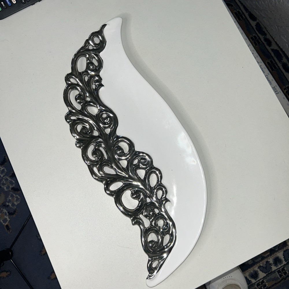 222 Fifth Heritage Leaf-Shaped Serving Platter – White with Metallic Scrollwork