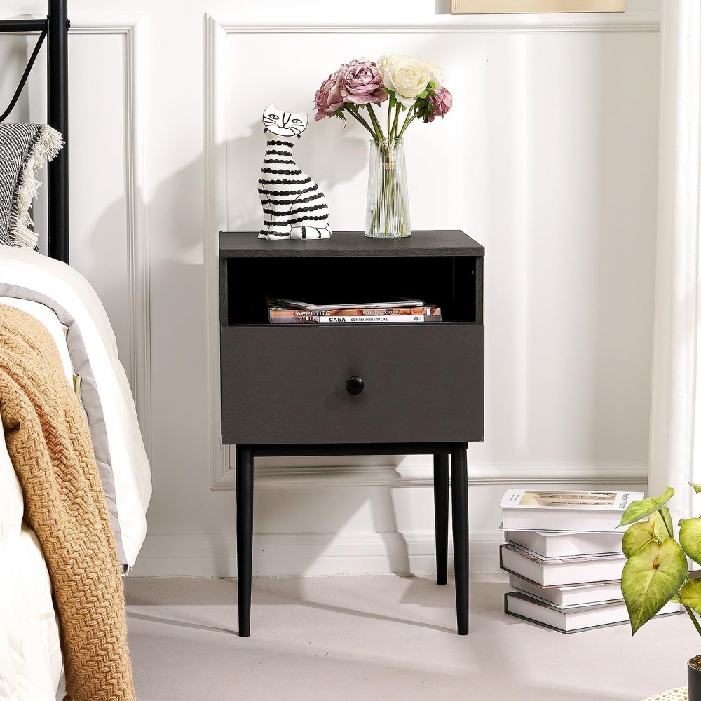 Modern Wood Night Stand,Square End Table Side Table W/ Drawer & Storage Space