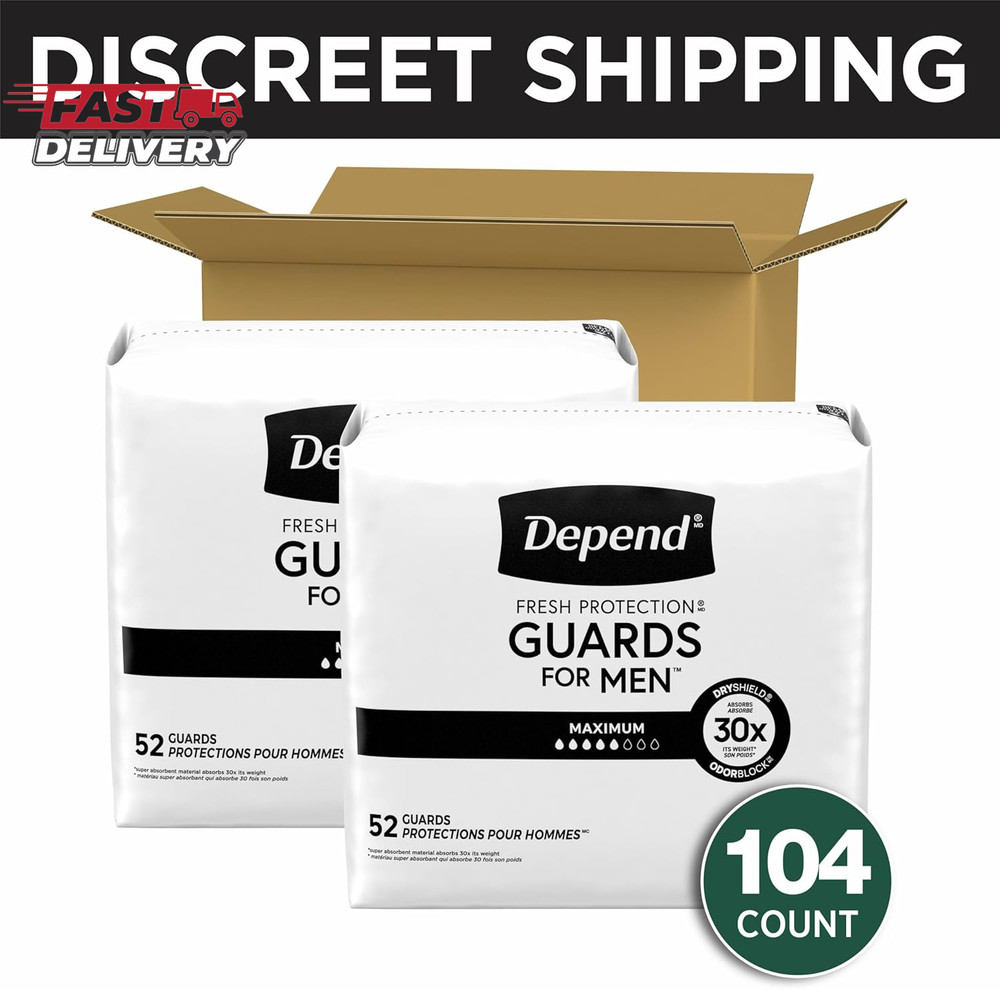 Depend Guards Incontinence Pads for Men, Maximum Absorbency, 104 Count (2 Packs