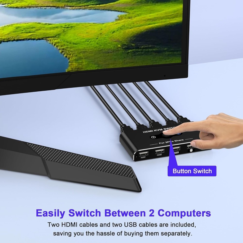 One-Button HDMI KVM Switcher for 2 Computers - Impactful 4K Video Quality