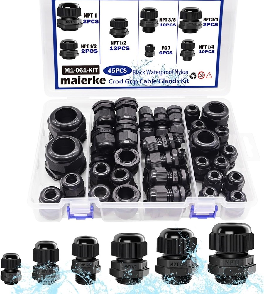 45PCS Cord Grip Cable Glands Kit,Cable 45PCS, 45pcs Black Kit