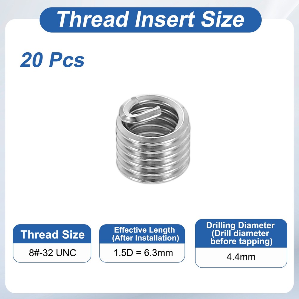 20pcs Wire Thread Inserts 8#-32 UNC 1.5D 6.3mm Helical Threaded Sleeve