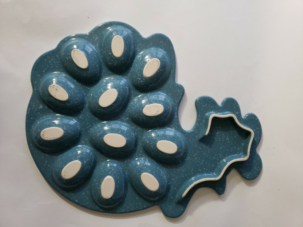 Deviled Egg Serving Dish Teal speckled Rooster 12 Ceramic tray