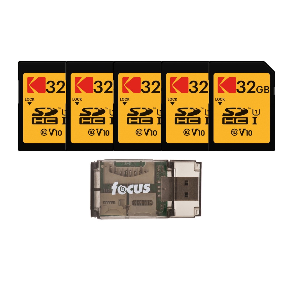Kodak 32GB Class 10 UHS I U1 SDHC Memory Card 5 Pack with USB Card Reader