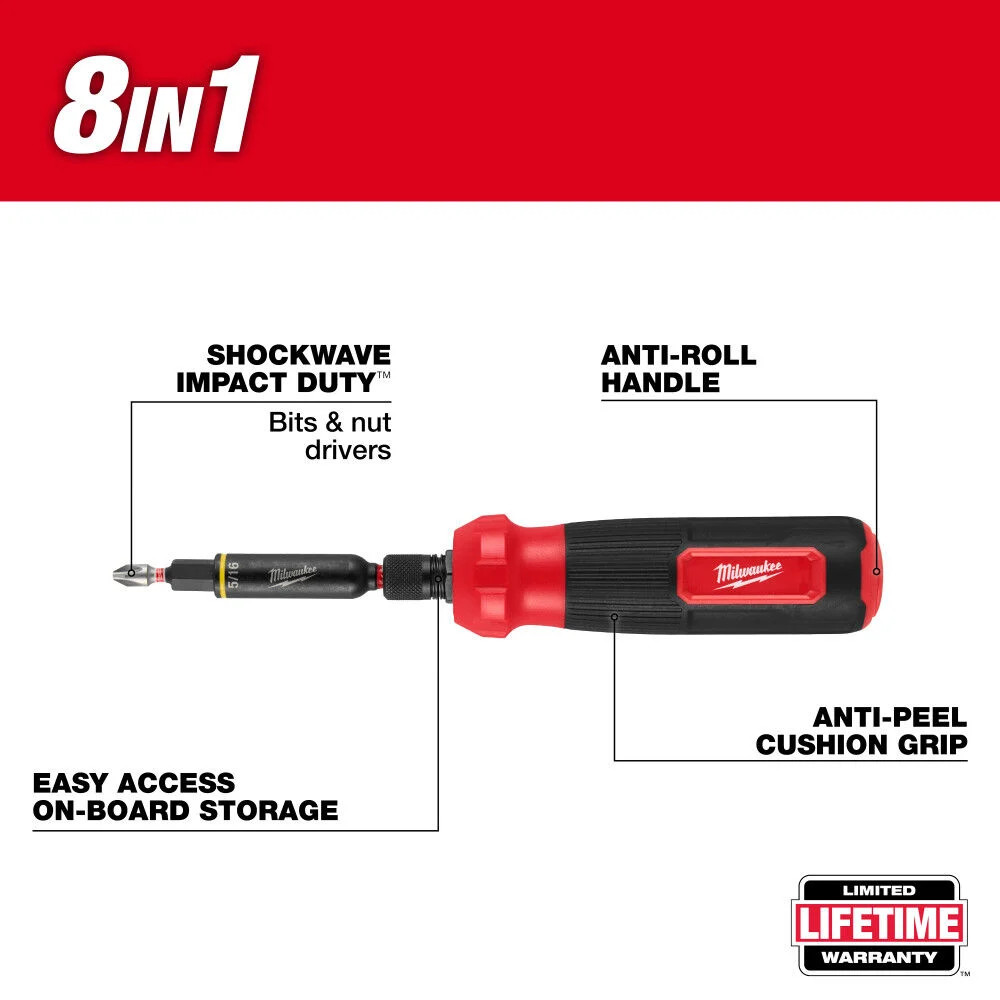 Milwaukee 8-In-1 Multi-Bit Screwdriver With Shockwave Impact Duty Bits And Nut