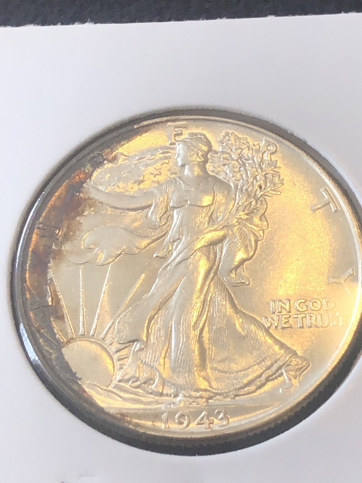 1943 W Walking Liberty Half Dollar Rainbow Toned BU