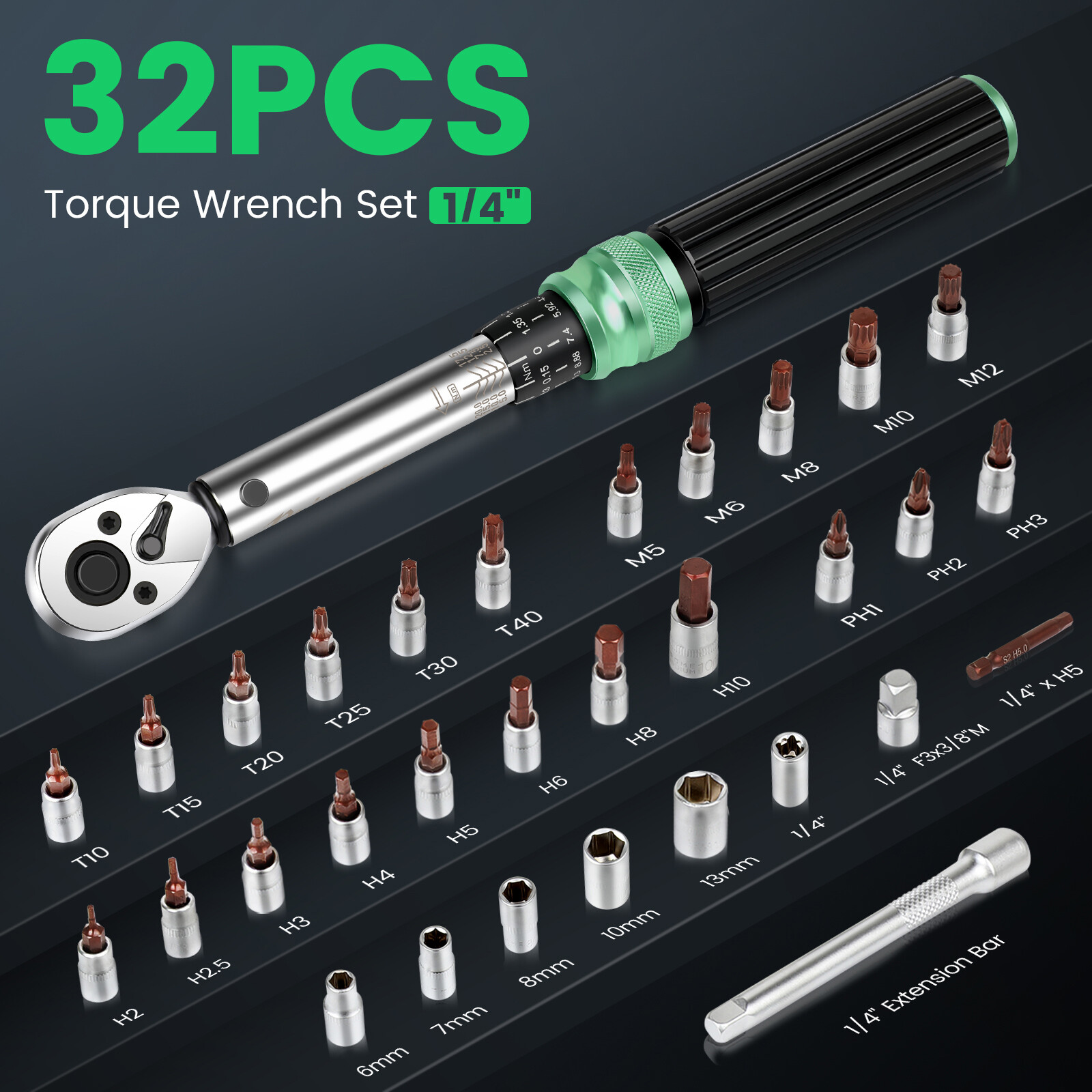 32 PCS 1/4" Drive Bike Bicycle 2.5-20NM Torque Wrench Spanner Tools W/ Hex Bits