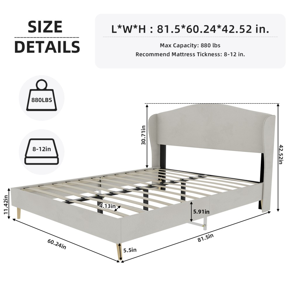 Platform Queen Bed Frame with Velvet Tufted Headboard, Supportive, Beige