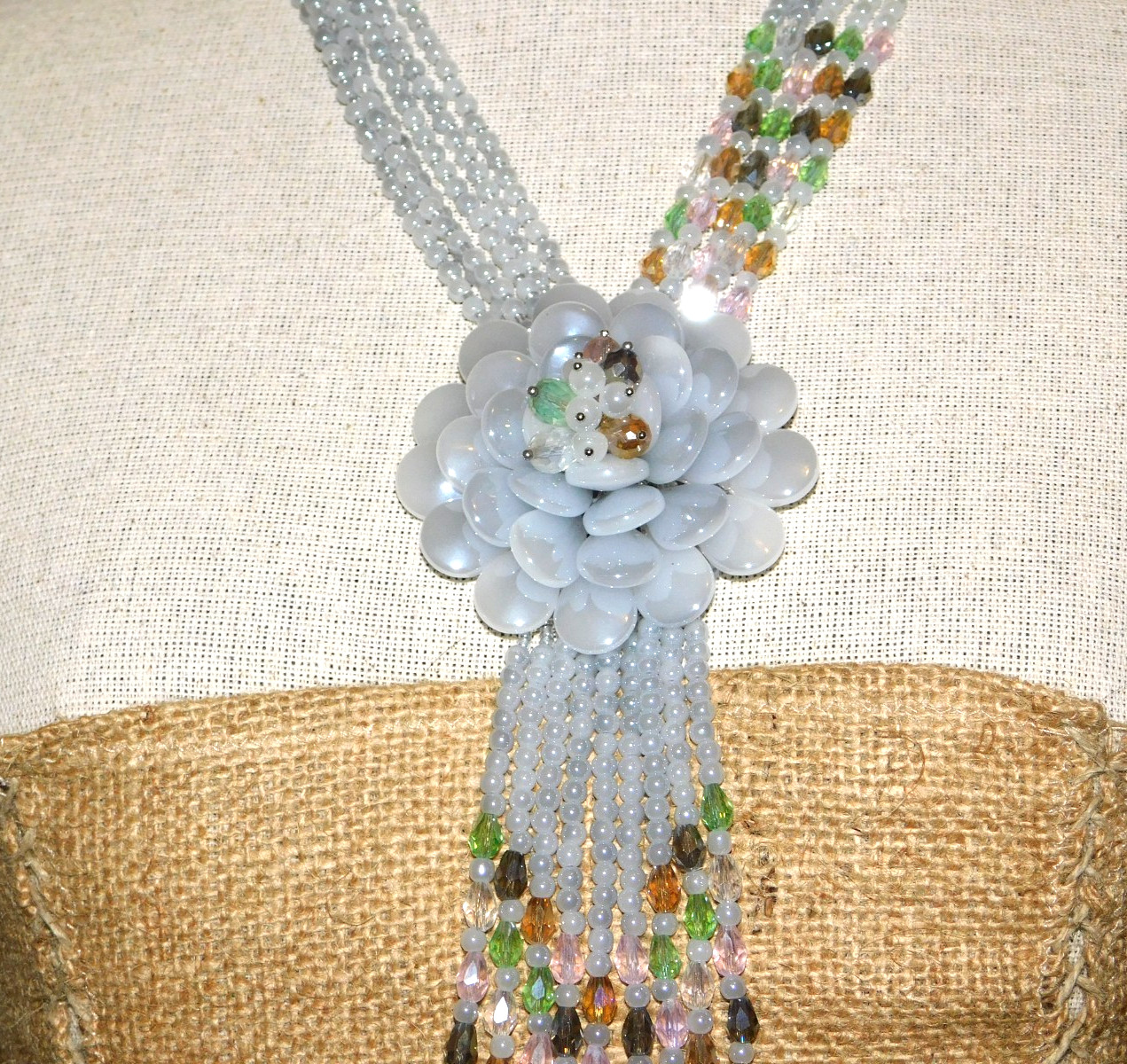 Vintage JOAN RIVERS Blue Gray Starlet Floral Bead Statement Necklace