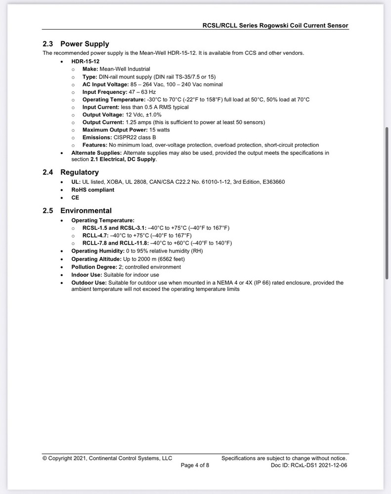 CCS RCLL-4.7-2000 Rogowski Coil Current Transformer