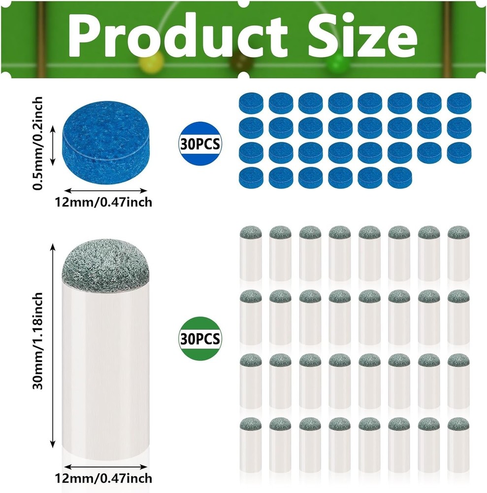 Draupnir 60 Pieces Pool Cue Tips Replacement Kit, 30 Slip On Pool Cue Tips and 3