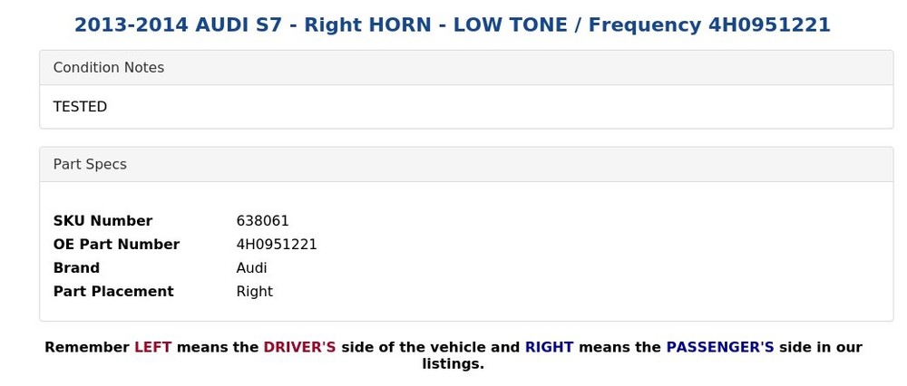 2013-2014 AUDI S7 - Right HORN - LOW TONE / Frequency 4H0951221