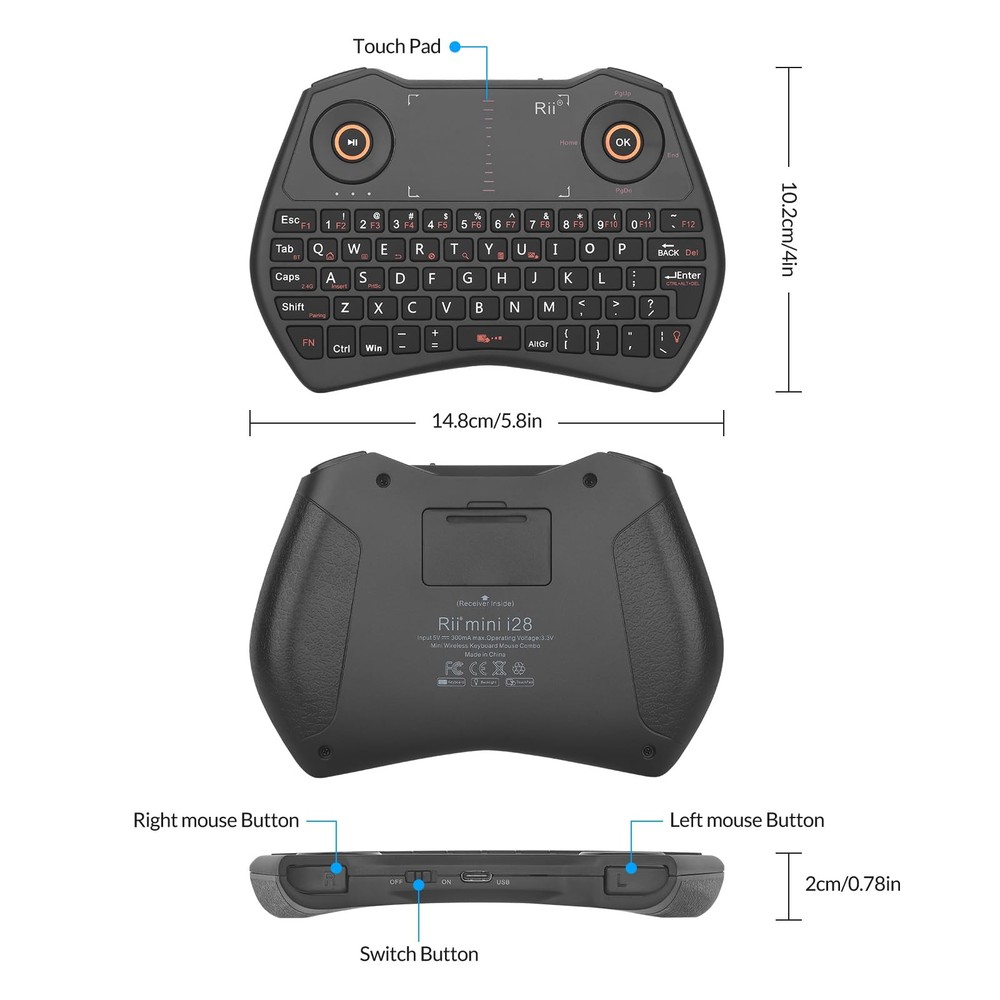 Rii K28 Bluetooth Mini Keyboard Remote Control with Touchpad Moue Combo,Backl...