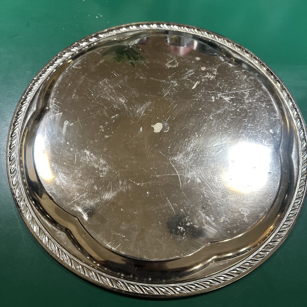 Silver Plate Tray Round Etched Scrolls Rope Edge 14 in Vintage