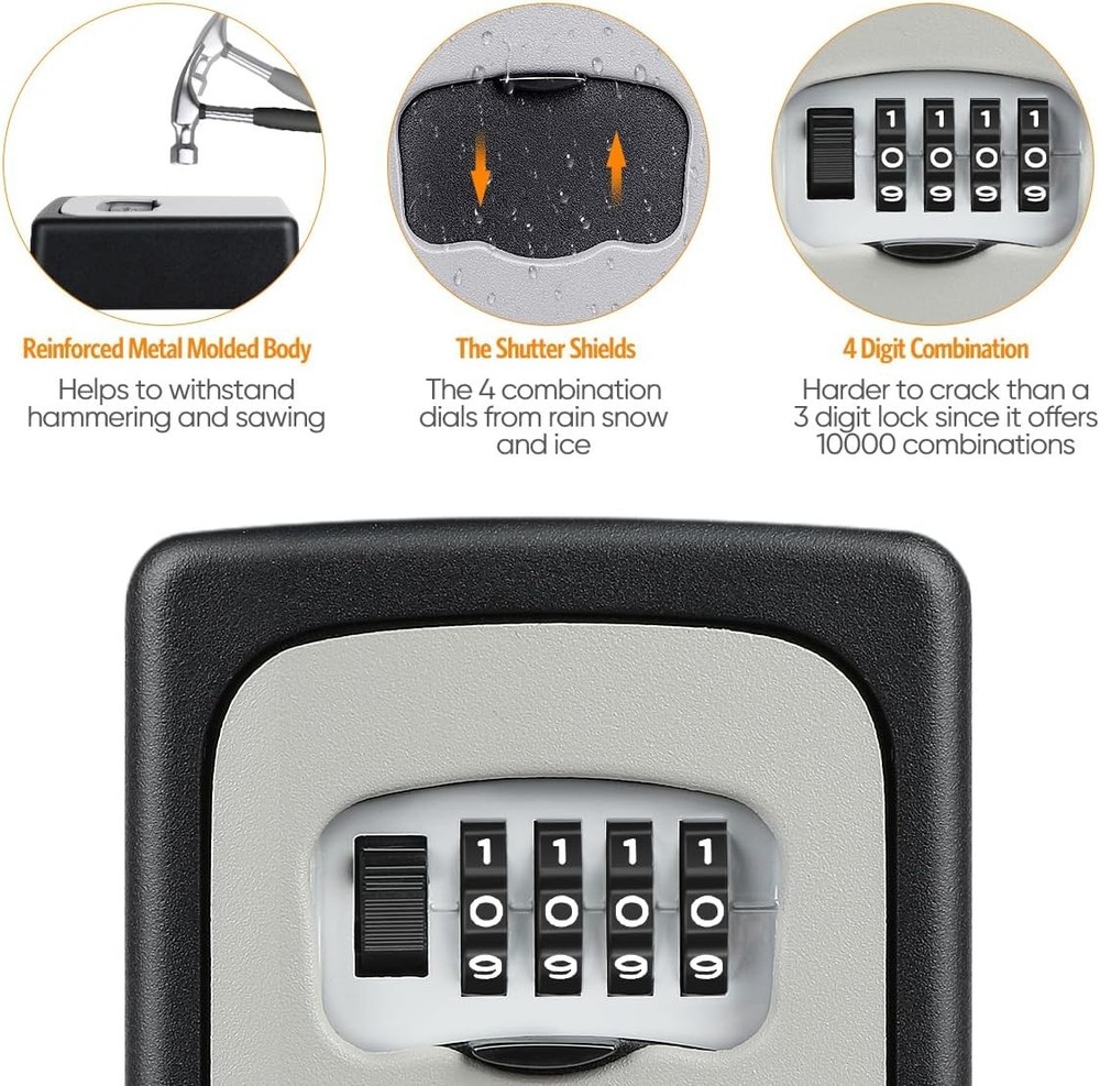 Key Lock Box Wall Mounted, 4 Digit Combination Lockbox for Outside, House Key...