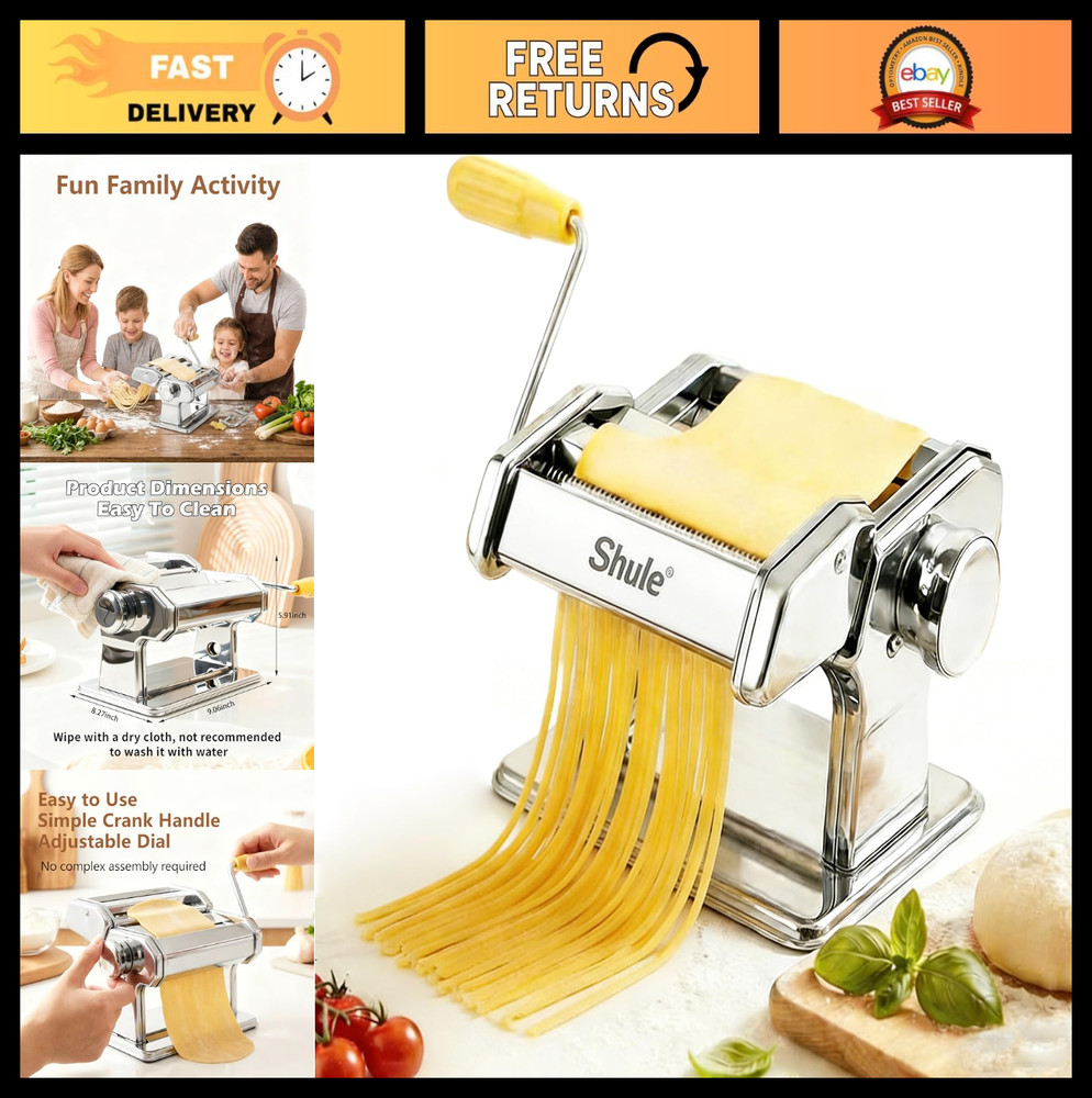 Manual Pasta Maker - 7 Thickness Settings, Stainless Steel Noodle Roller & Cutte
