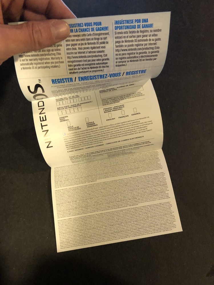 Nintendo DS Registration Insert