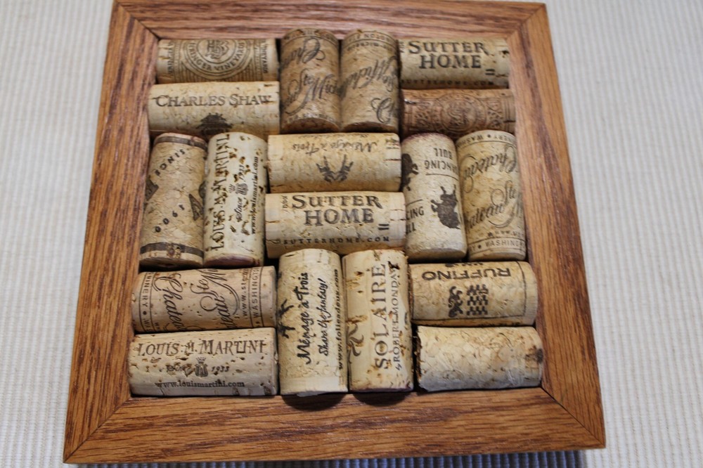 Wine Cork Trivet Potholder / Wall Art - Solid Wood Frame 7" x 7"